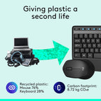 Computer equipment with a focus on recycled plastic and carbon footprint reduction, on a light blue background.
