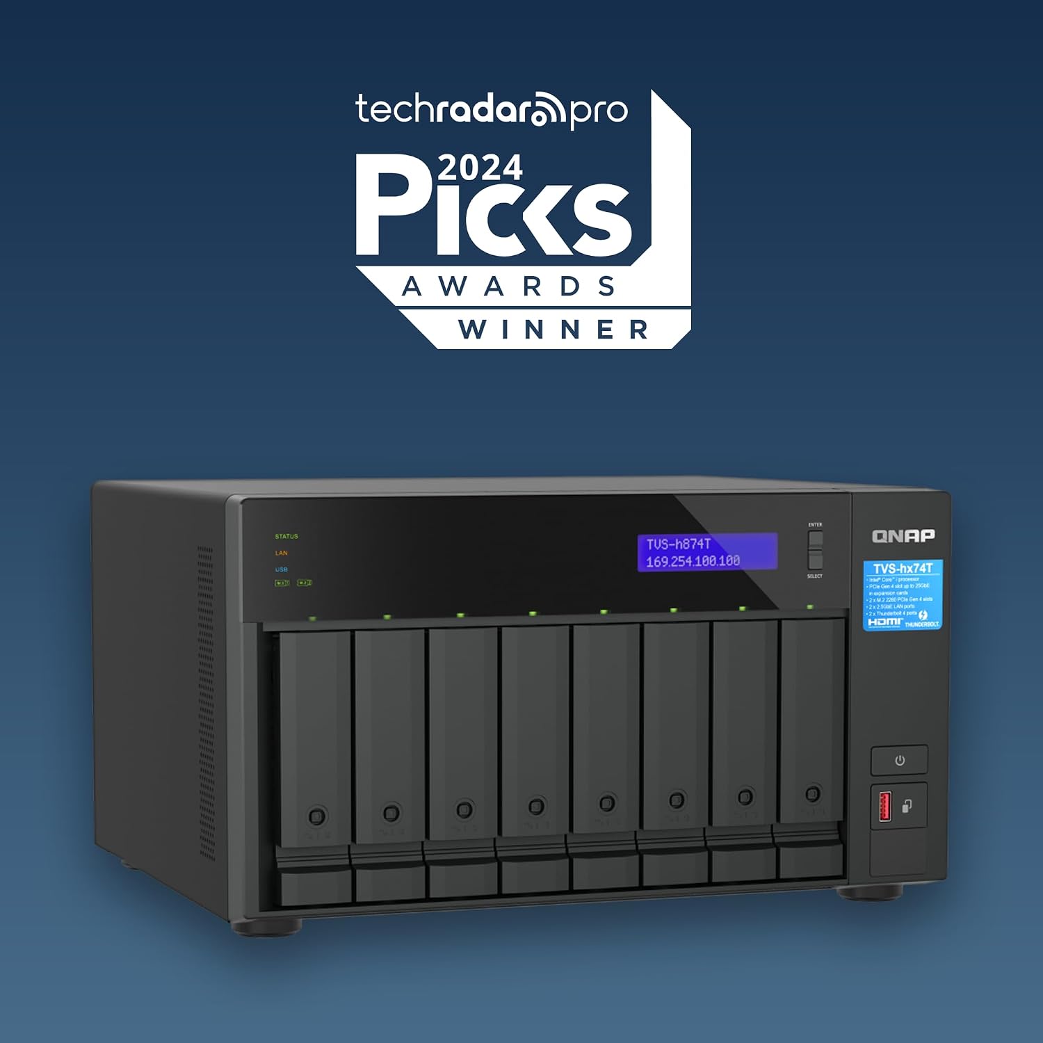 Network Attached Storage device with QNAP logo on a blue background, featuring TechRadar Pro 2024 Picks Award badge.