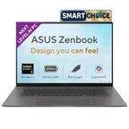 An open ASUS Zenbook laptop shown on a white background, with a 'SMART CHOICE' badge above it. The screen displays promotional text and feature icons including AMD Ryzen 9, 23Hrs battery life, Thin & Light, and Copilot+PC.