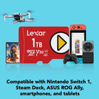 Lexar 512GB PLAY micro SD Card, UHS-I, C10, U3, V30, A2, Full HD, 4K, Up to 205/140 MB/s microSDXC Memory Card, Expanded Storage for Nintendo-Switch 1, Gaming, Smartphones, Tablets (LMSPLAY512G-BNSNU)