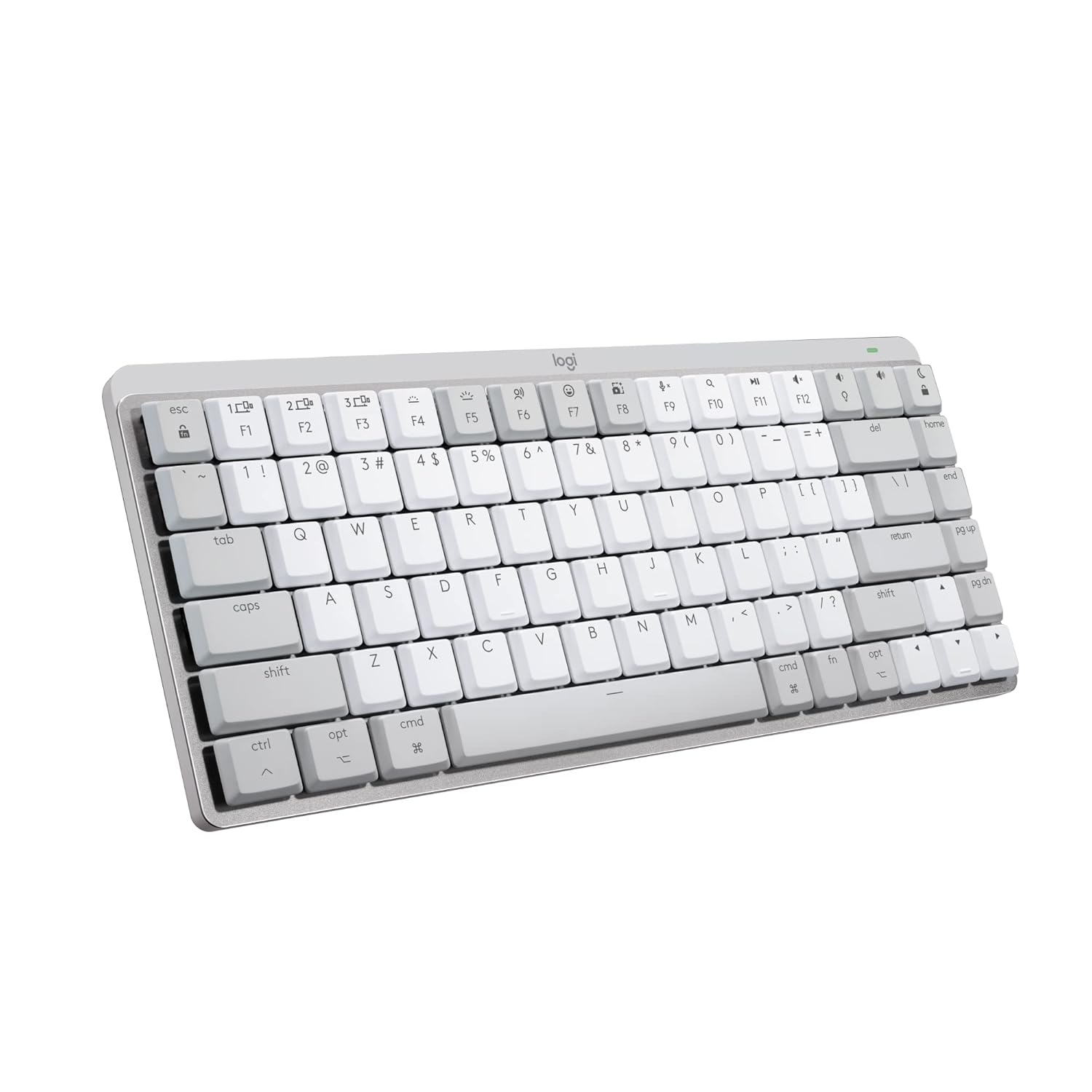 Logitech wireless keyboard in a minimalist white and light gray color scheme, shown from a three-quarters angle on a solid white background.