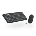 Black wireless keyboard and mouse set on a white background