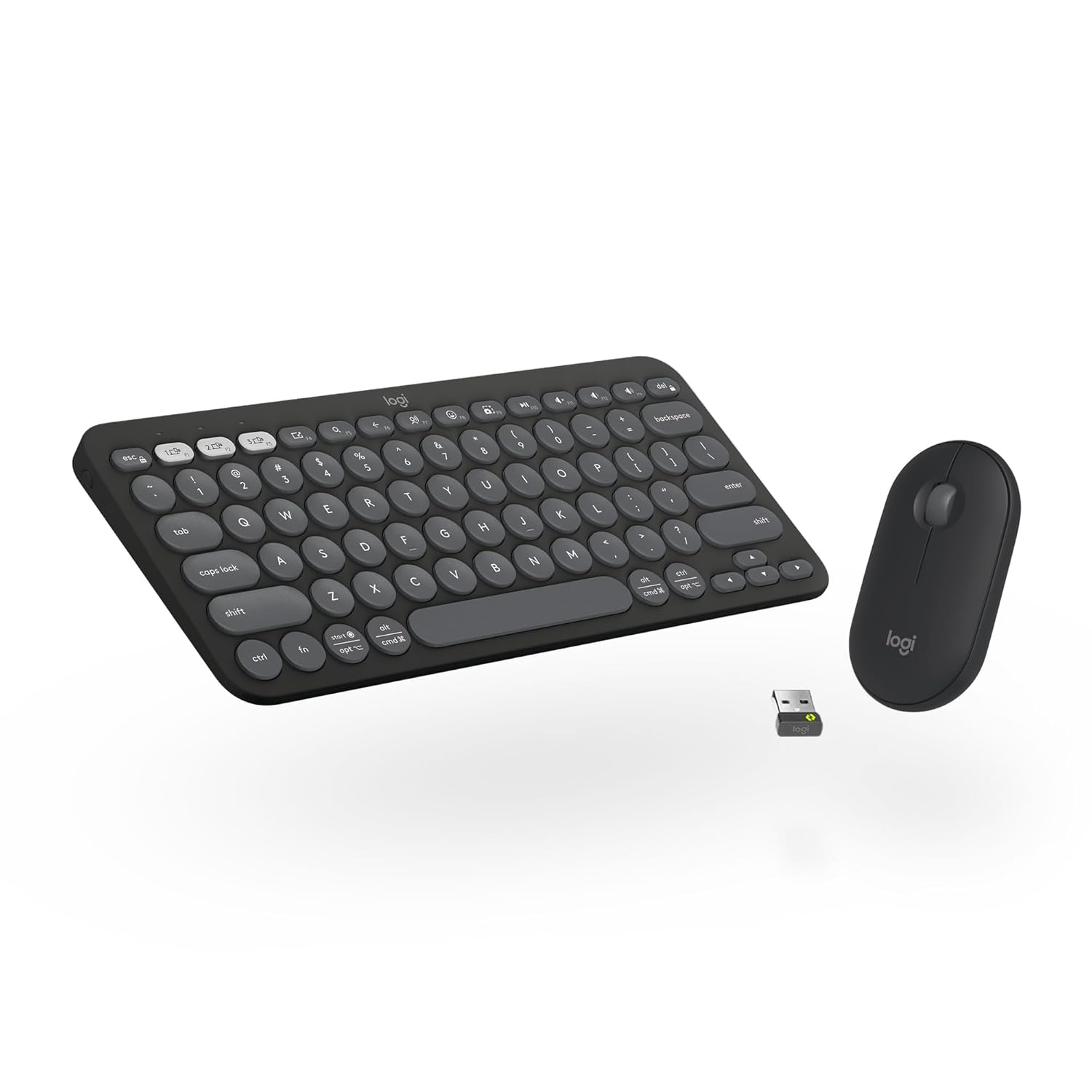 Black wireless keyboard and mouse set on a white background