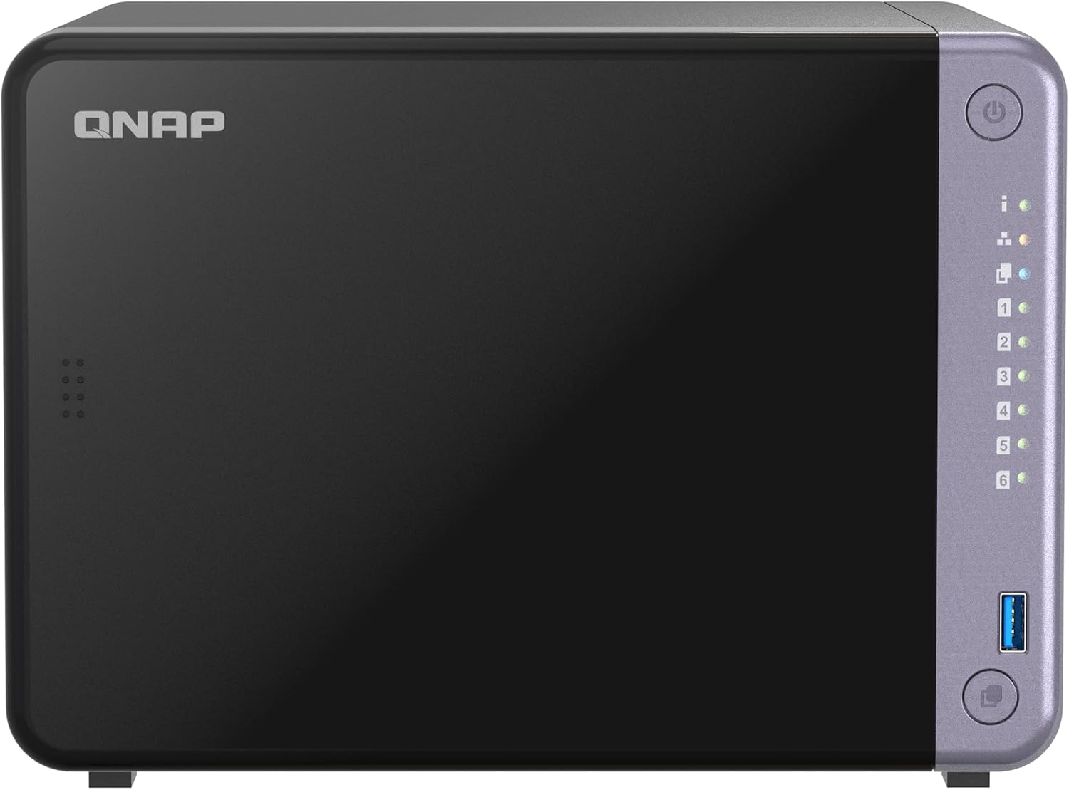 QNAP network storage device with front panel indicators on a white background