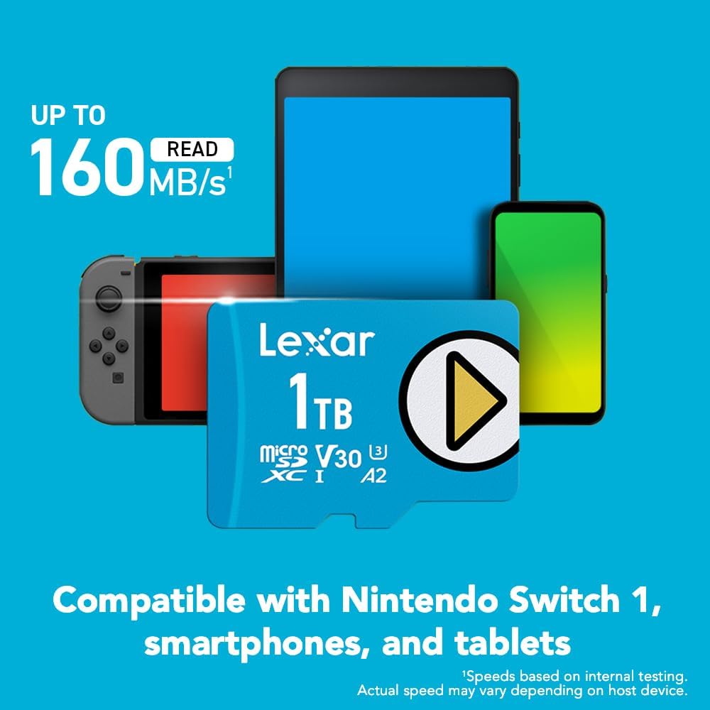 Lexar 512GB PLAY micro SD Card, UHS-I, C10, U3, V30, A2, Full HD, 4K, Up to 205/140 MB/s microSDXC Memory Card, Expanded Storage for Nintendo-Switch 1, Gaming, Smartphones, Tablets (LMSPLAY512G-BNSNU)