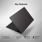 A dark gray Samsung laptop shown open at an angle on a light gray background, with the text 'Key features' above it and feature callouts along the bottom.