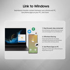 Promotional graphic for 'Link to Windows' feature with laptop and smartphone on a gray background