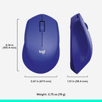 Blue computer mouse with dimensions and weight information on a white background