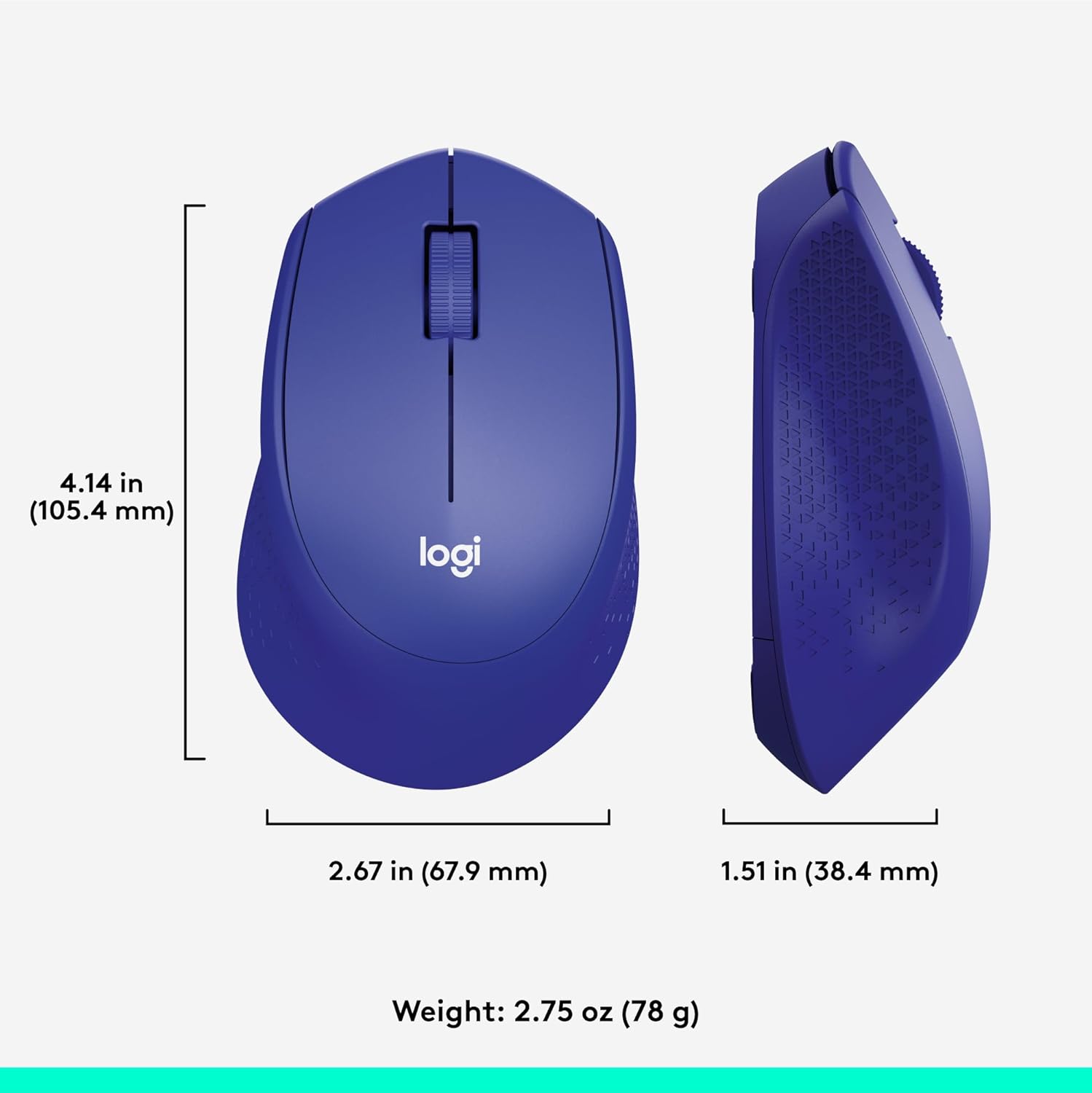 Blue computer mouse with dimensions and weight information on a white background