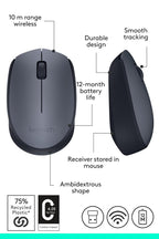 Logitech M170 1000DPI 2.4 GHz Optical Wireless Mouse - Grey/Black