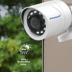 White PRAMA IP66 weatherproof security camera shown mounted outdoors against a window, with a green blurred background and an IP66 weatherproof rating graphic overlay.