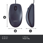Logitech computer mouse with dimensions and weight displayed