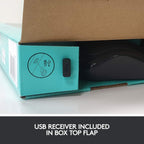 Teal box with USB receiver included, showing the top flap.