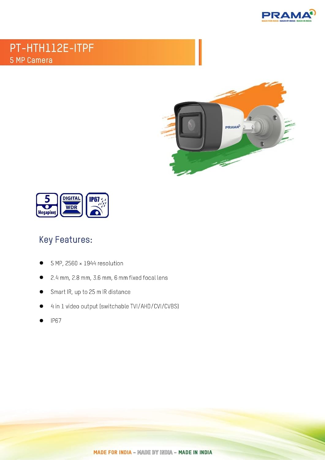 A product information sheet for the PRAMA PT-HTH112E-ITPF 5MP camera. The sheet features a clean white background with an orange header, product specifications, key features in bullet points, and a graphic illustration of the camera on the right side.