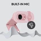 Pink webcam with a built-in mic on a light gray background