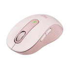 A light pink wireless computer mouse with a textured grip, featuring a scroll wheel, a central button with a green LED indicator, and a side button, shown on a plain white background.