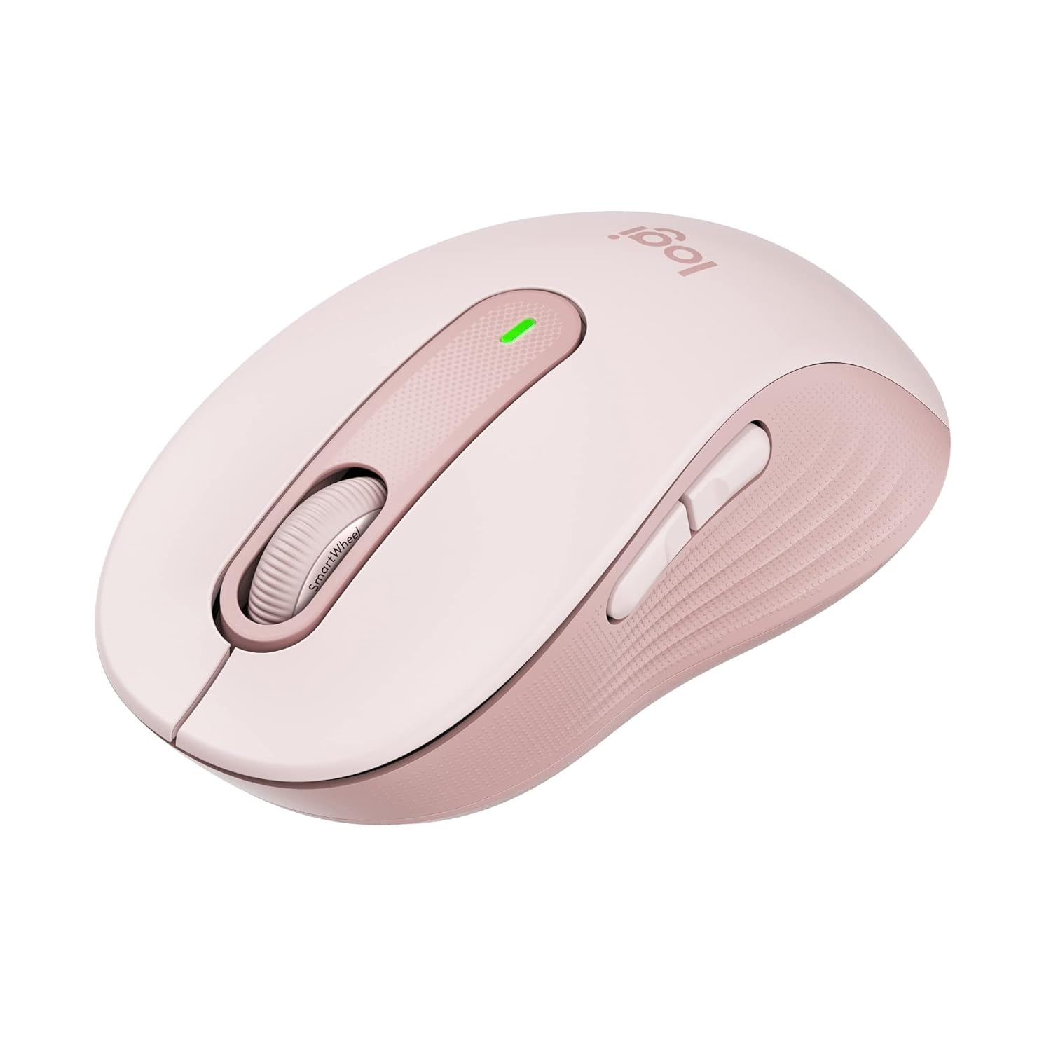 A light pink wireless computer mouse with a textured grip, featuring a scroll wheel, a central button with a green LED indicator, and a side button, shown on a plain white background.
