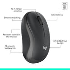 A black Logitech wireless mouse shown on a white background with callout text labels highlighting features such as 10 m range wireless, smooth tracking, silent clicks, receiver stored in the mouse, 18-month battery life, and ambidextrous design.