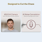 Promotional graphic for ASUS AI Camera and Windows Studio effects, showing two rounded panels on a light blue background. The left panel displays a man's portrait with the text 'ASUS AI Camera with Windows Studio effects'.