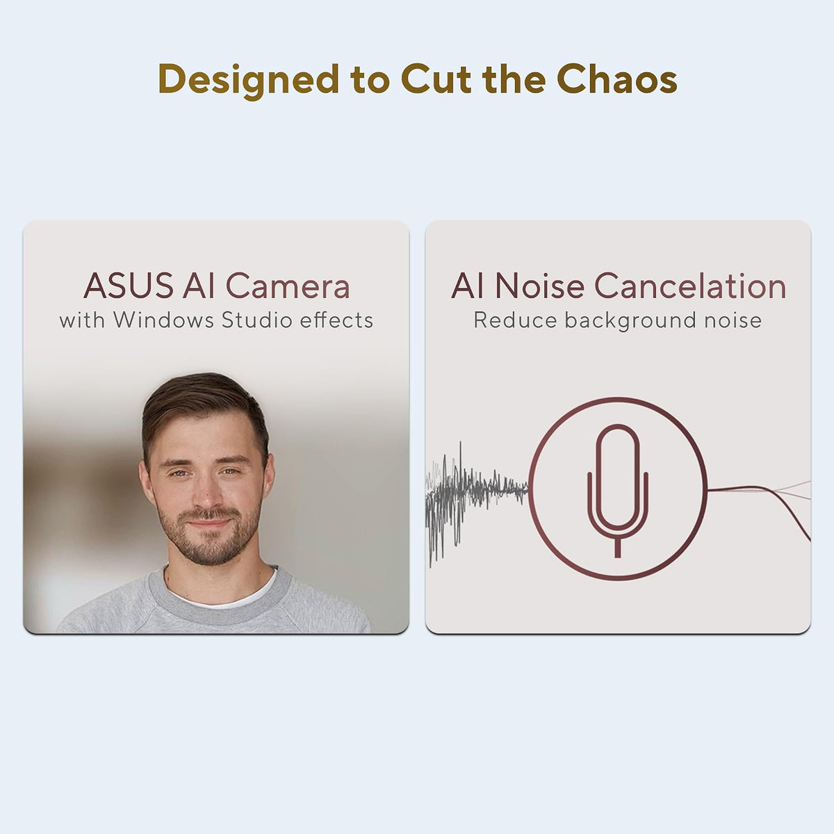 Promotional graphic for ASUS AI Camera and Windows Studio effects, showing two rounded panels on a light blue background. The left panel displays a man's portrait with the text 'ASUS AI Camera with Windows Studio effects'.