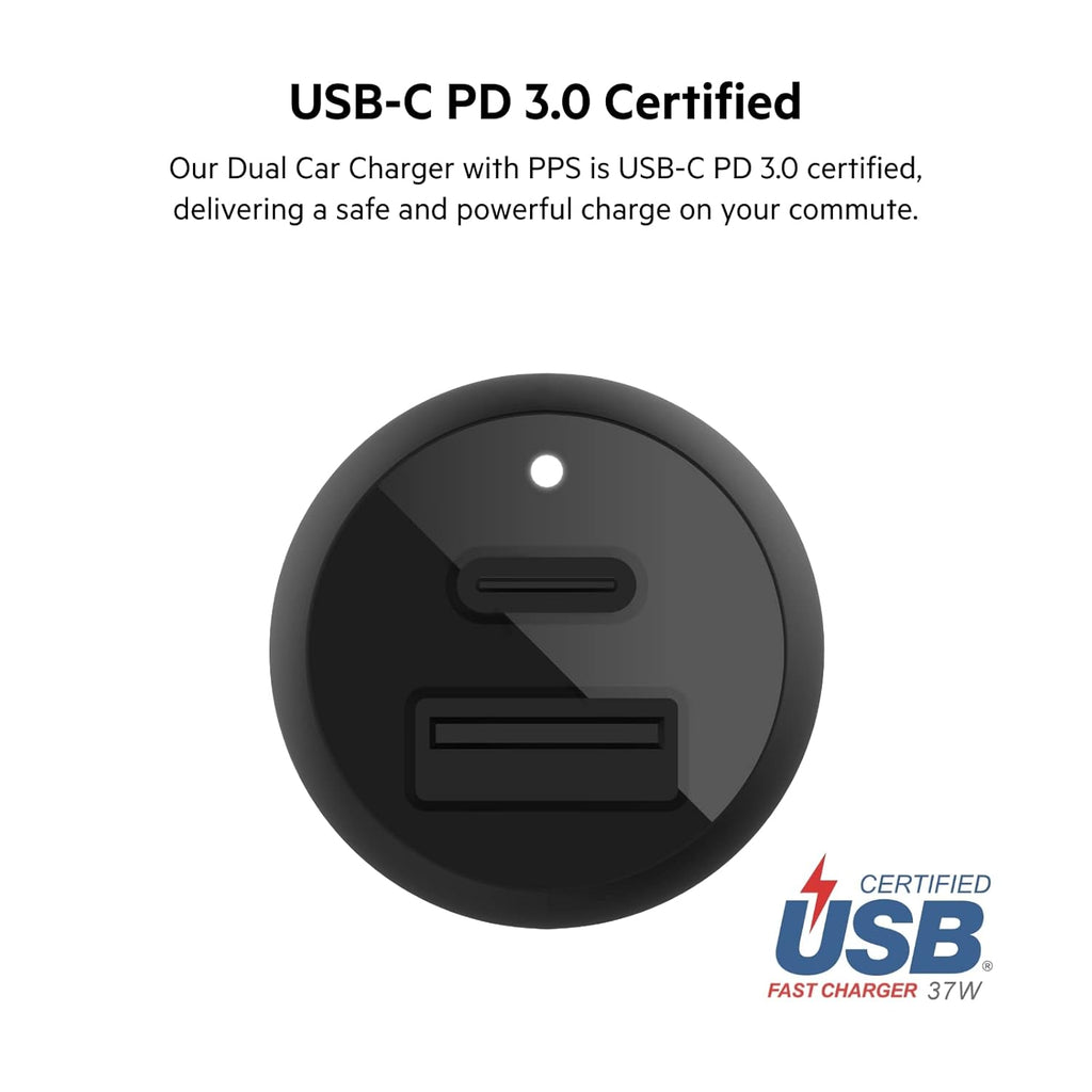Belkin 37W Dual Port Fast Car Charger with 3.3ft USB-C Cable Included, USB-C 25W PPS Port and USB-A 12W Port for Galaxy S23, S23+, Ultra, Note20, iPhone 14, 13, 12, 11, Pro, Max, Mini and More