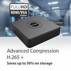 A black rectangular media streaming box with a circular PRAMI logo on top, shown against a blurred tech interior background. Text overlays read 'FULLHD HDMI/VGA Output' and 'Advanced Compression H.