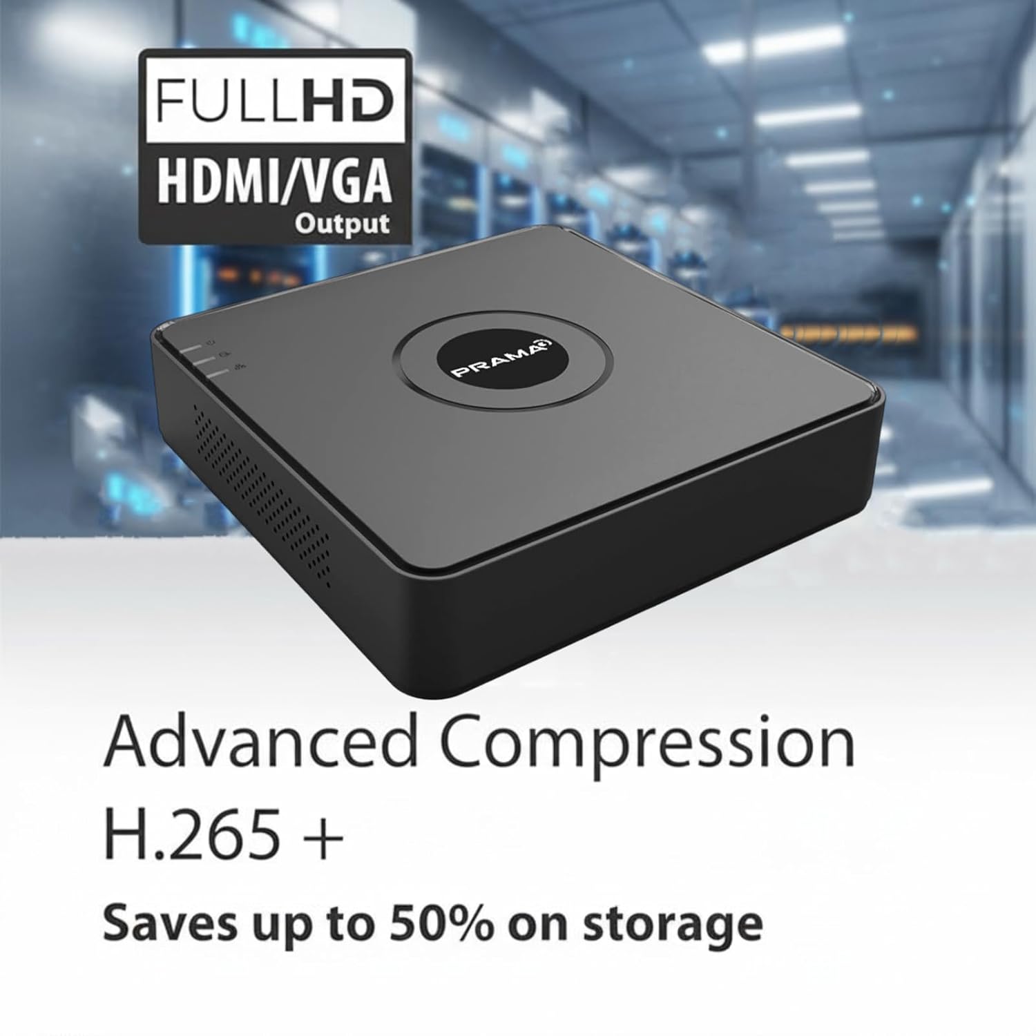 A black rectangular media streaming box with a circular PRAMI logo on top, shown against a blurred tech interior background. Text overlays read 'FULLHD HDMI/VGA Output' and 'Advanced Compression H.