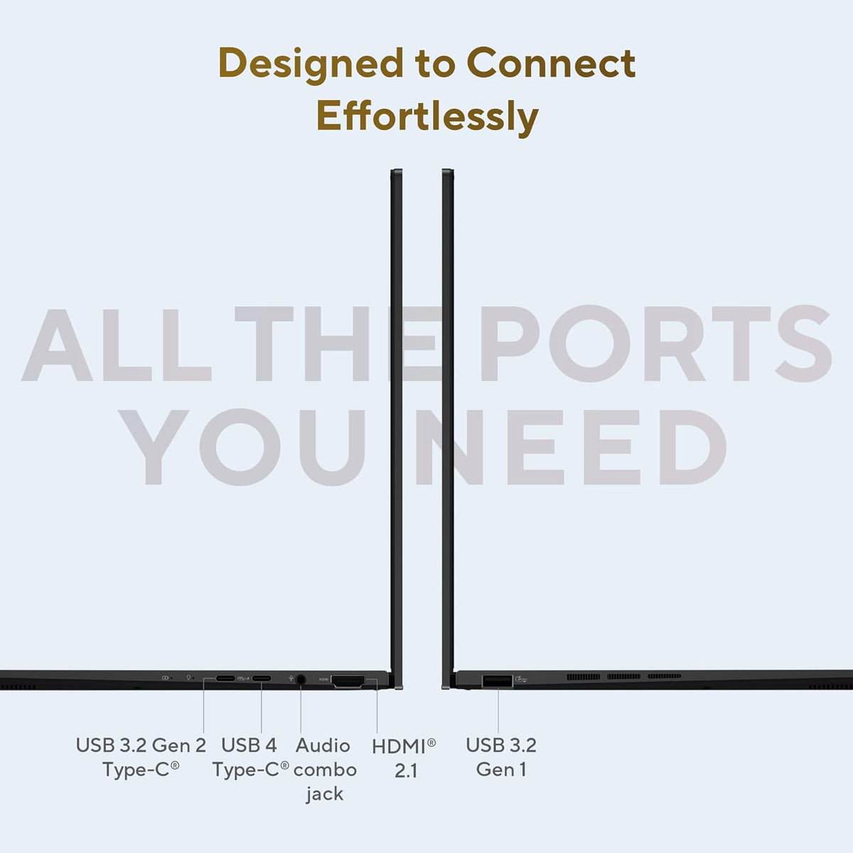 A product feature graphic showing a laptop from the back with text reading 'Designed to Connect Effortlessly' and 'ALL THE PORTS YOU NEED.' The image highlights USB 3.
