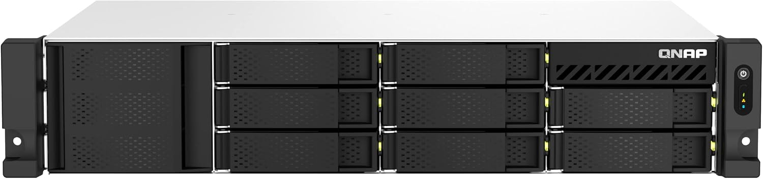 QNAP NAS system with multiple hard drive bays on a white background