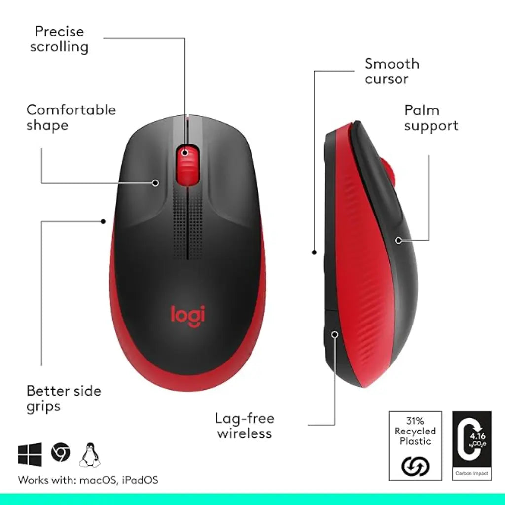 Logitech M190 Full Size Curve Design Optical Wireless Mouse 1000 DPI - Red