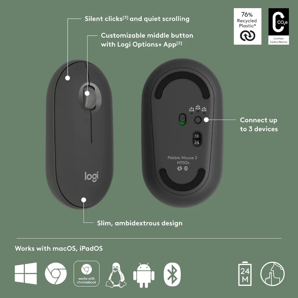 Logitech Pebble Mouse 2 M350s Multi Device Bluetooth Wireless Mouse - Graphite