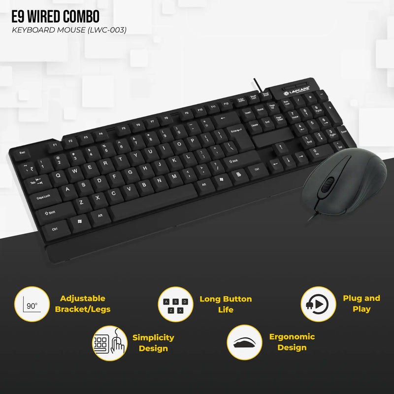Lapcare E9 USB Wired USB 2.0 Keyboard and 1000DPI Optical Mouse Combo - Black