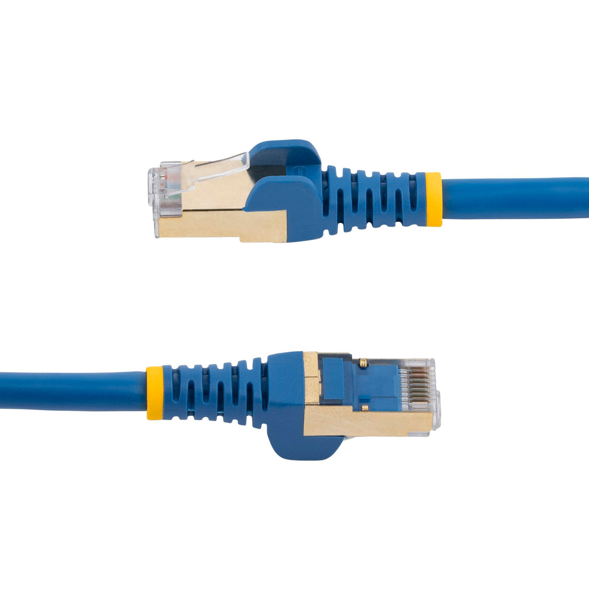 StarTech C6ASPAT14BL 14ft Cat6a Shielded Ethernet Cable – 10Gbps, 100W PoE, Blue displaying the cable angled to reveal its