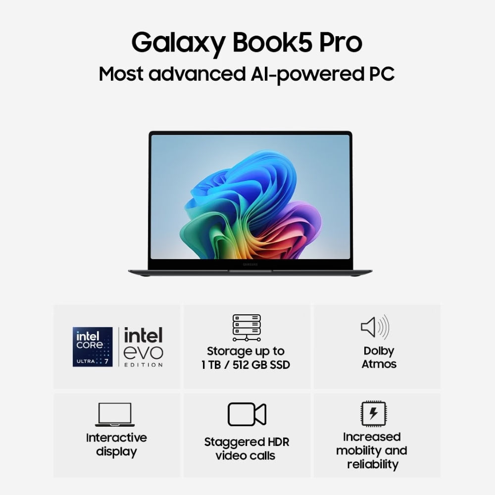 Promotional graphic for the Galaxy Book5 Pro, showing a silver laptop with a colorful display on a light gray background, with text highlighting AI-powered PC features and Intel Evo 14 technology.
