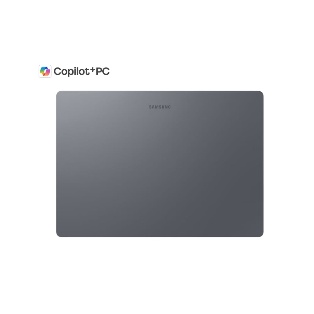 A Samsung Galaxy S20 Ultra laptop shown closed from the top side, featuring a dark gray metallic finish and the Samsung logo near the top center. The 'Copilot+PC' logo is visible in the upper left corner against a solid white background.