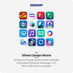 Collection of colorful app icons on a white background with QNAP branding.