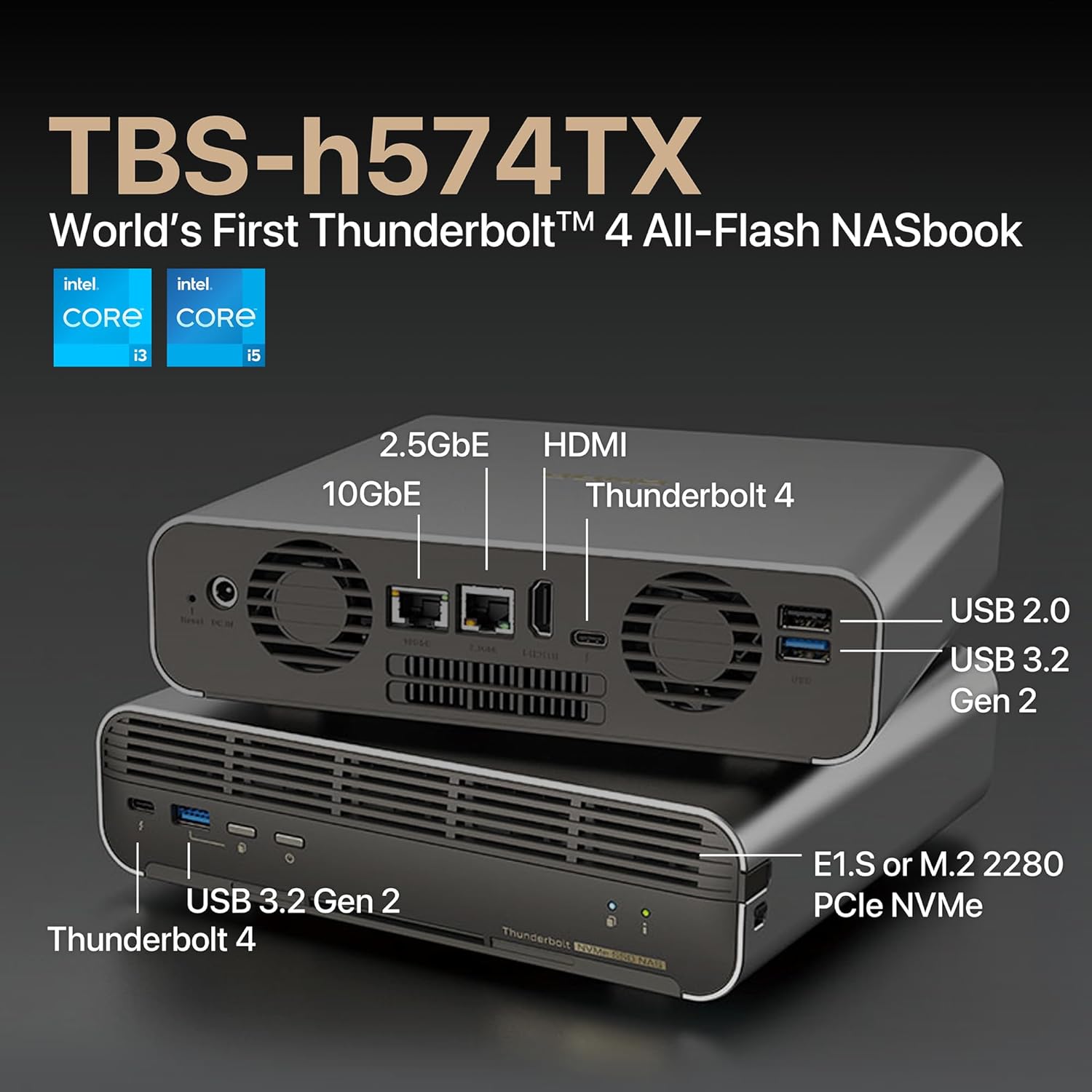 QNAP TBS-h574TX-i3-12G 5 Bay 10GbE High-Performance Thunderbolt 4 E1.S All-Flash NASbook
