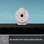 Pink webcam with sound wave graphics on a blue and black background, featuring the Logitech brand.