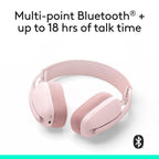 Pink Bluetooth headphones with text about multi-point connectivity and talk time on a white background
