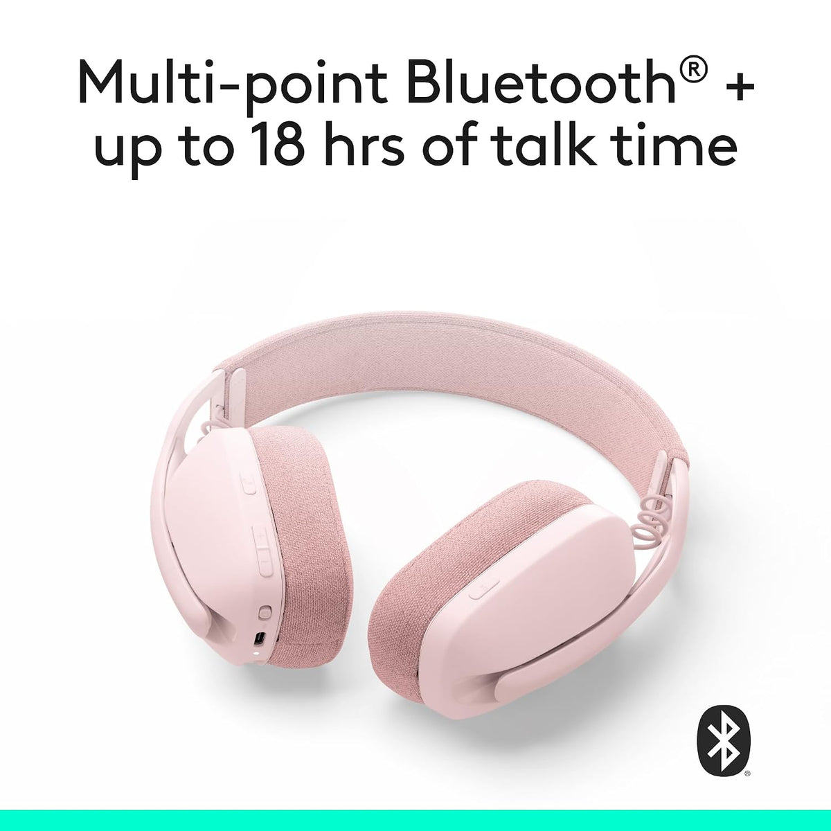 Pink Bluetooth headphones with text about multi-point connectivity and talk time on a white background