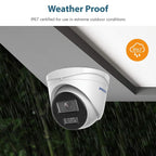 A white dome security camera shown under a roof eave with rain falling in the background, with text reading 'Weather Proof' and an orange IP67 icon.