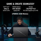 A man sits at a desk using a laptop in a dark gaming setup, with large text listing specs: Intel Core Ultra 9 Series 3 CPU, NVIDIA GeForce RTX 5070Ti Laptop GPU, 2TB PCIe 4.0 Storage, M.