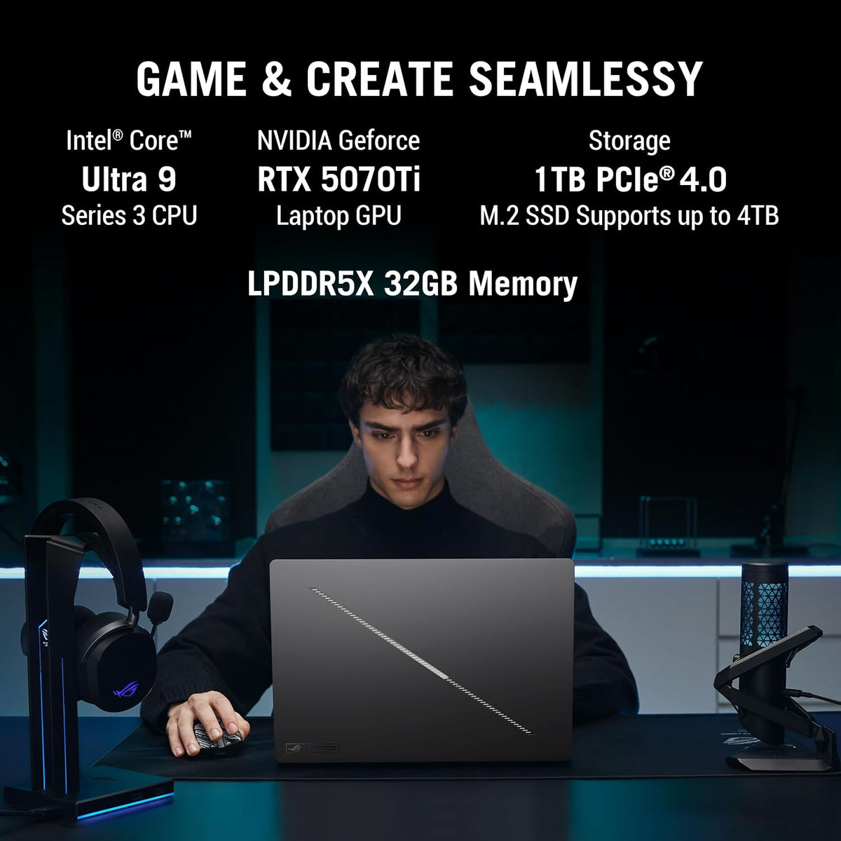 A man sits at a desk using a laptop in a dark gaming setup, with large text listing specs: Intel Core Ultra 9 Series 3 CPU, NVIDIA GeForce RTX 5070Ti Laptop GPU, 2TB PCIe 4.0 Storage, M.