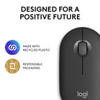 Black computer mouse with sustainability icons and 'Designed for a Positive Future' text on a white background.
