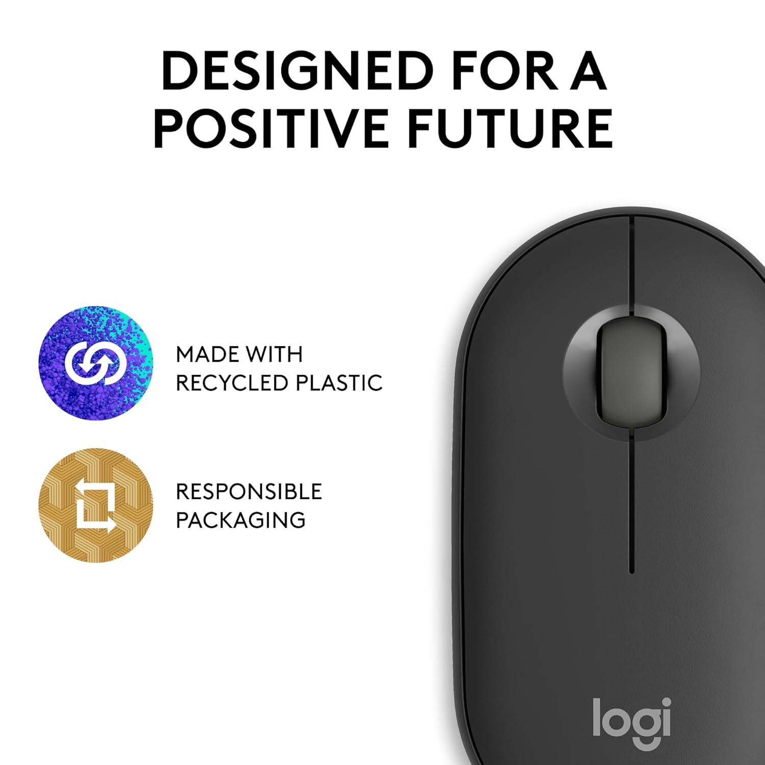 Black computer mouse with sustainability icons and 'Designed for a Positive Future' text on a white background.