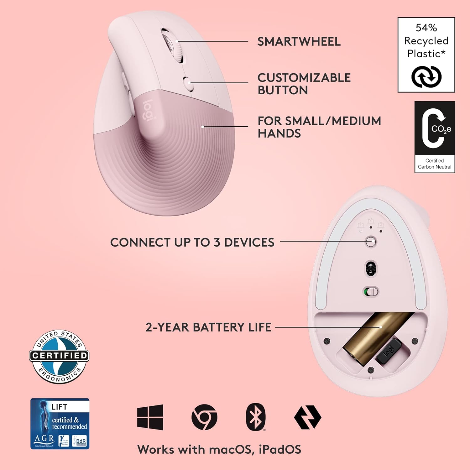 Logitech Ergo Series Lift Vertical Bluetooth Wireless 4000 DPI Optical Mouse - Rose