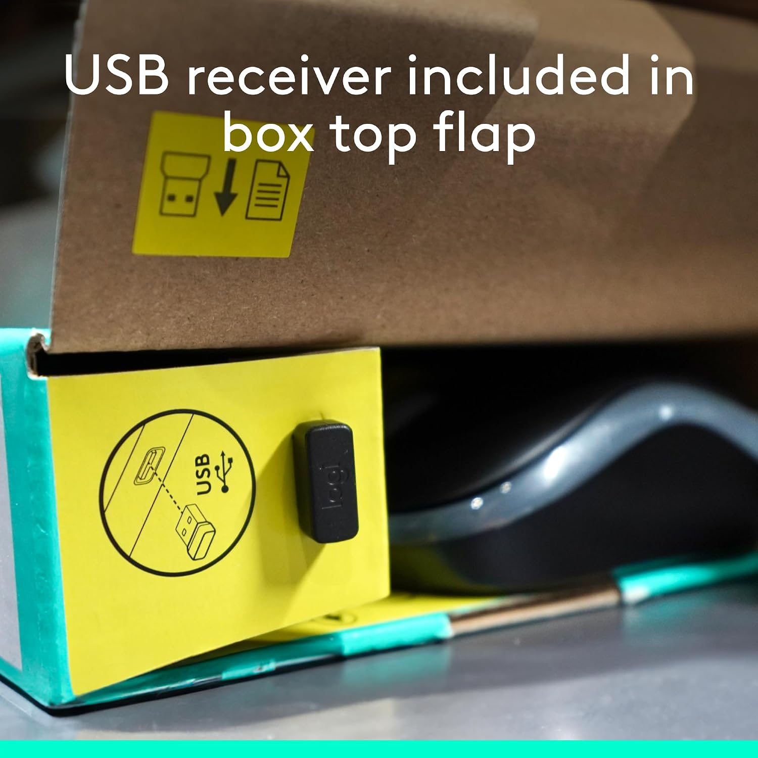 Mouse with USB receiver included, shown on a box flap.