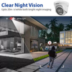 A dome security camera product shown on a white background alongside marketing text reading 'Clear Night Vision' and 'Upto 20m ir/white both bright night imaging,' plus a night-vision outdoor scene with a person walking in front of a house and infrared/white-light indicators.