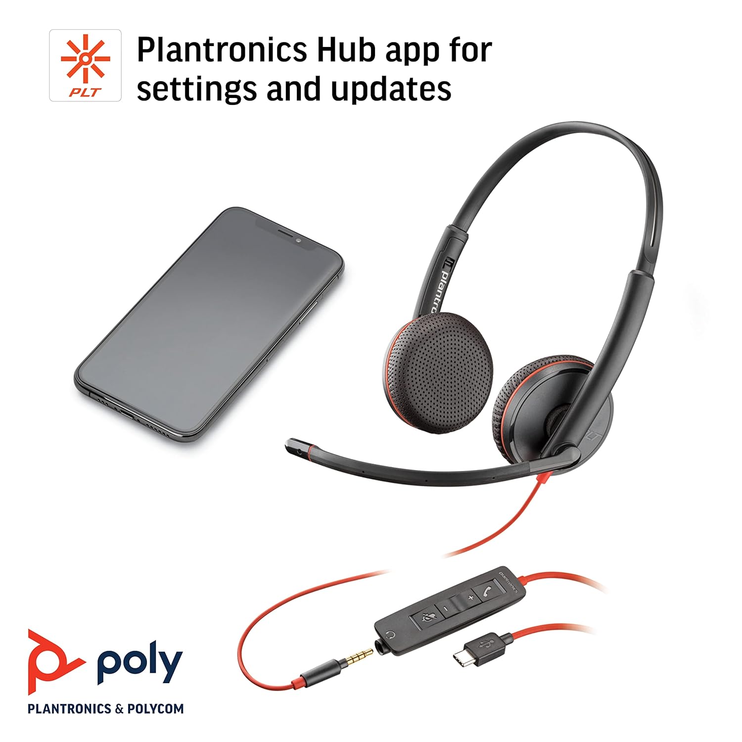 Poly Blackwire BW3225 USB-C+USB-C/A Wired Headphone with Noise Cancelling Boom Microphone
