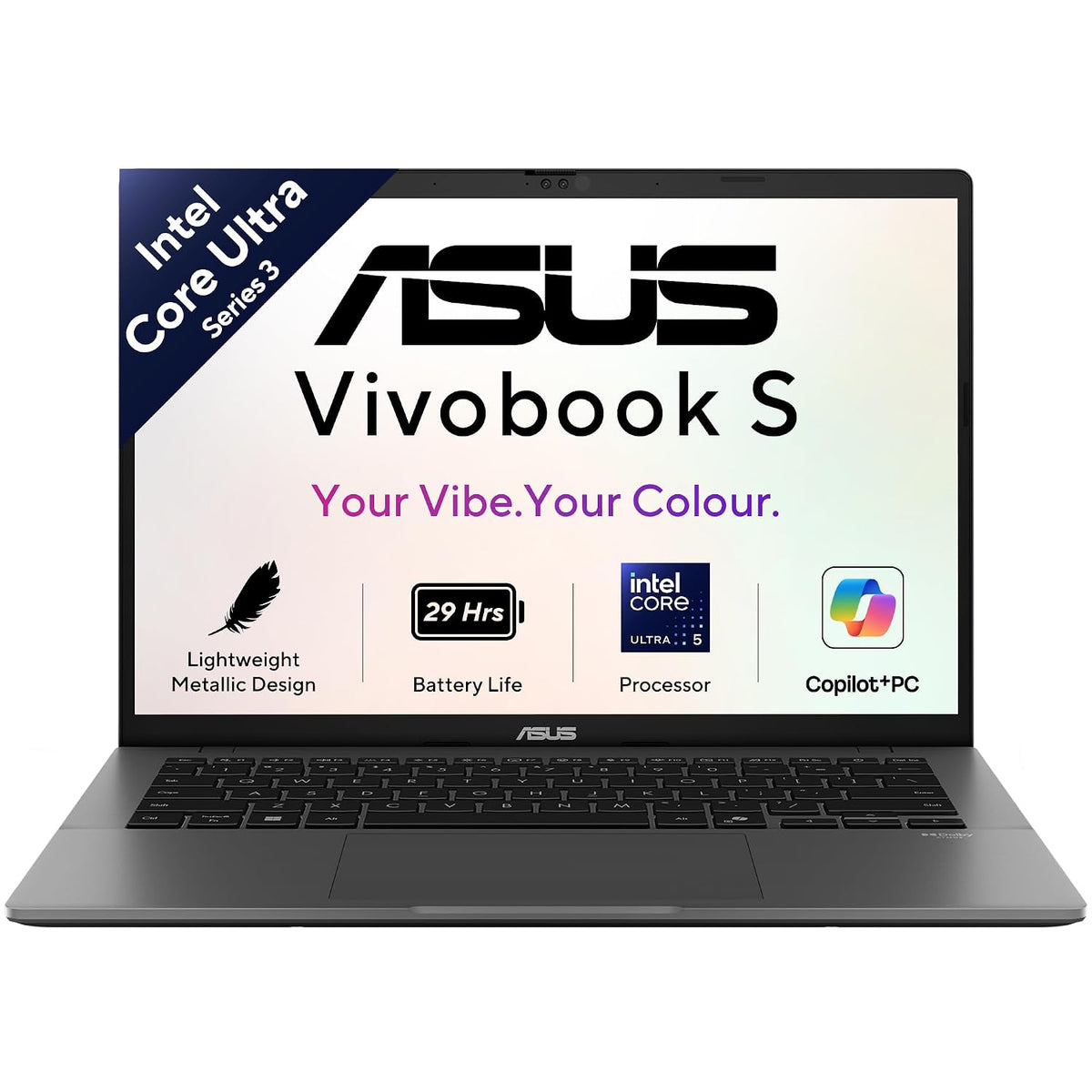 An open ASUS Vivobook S laptop on a plain white background, showing its screen with promotional graphics and the keyboard underneath.